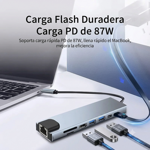 Adaptador Hub USB-C 8 en 1 para Notebook (HDMI 4K, Red, USB 3.0, Tarjetas)
