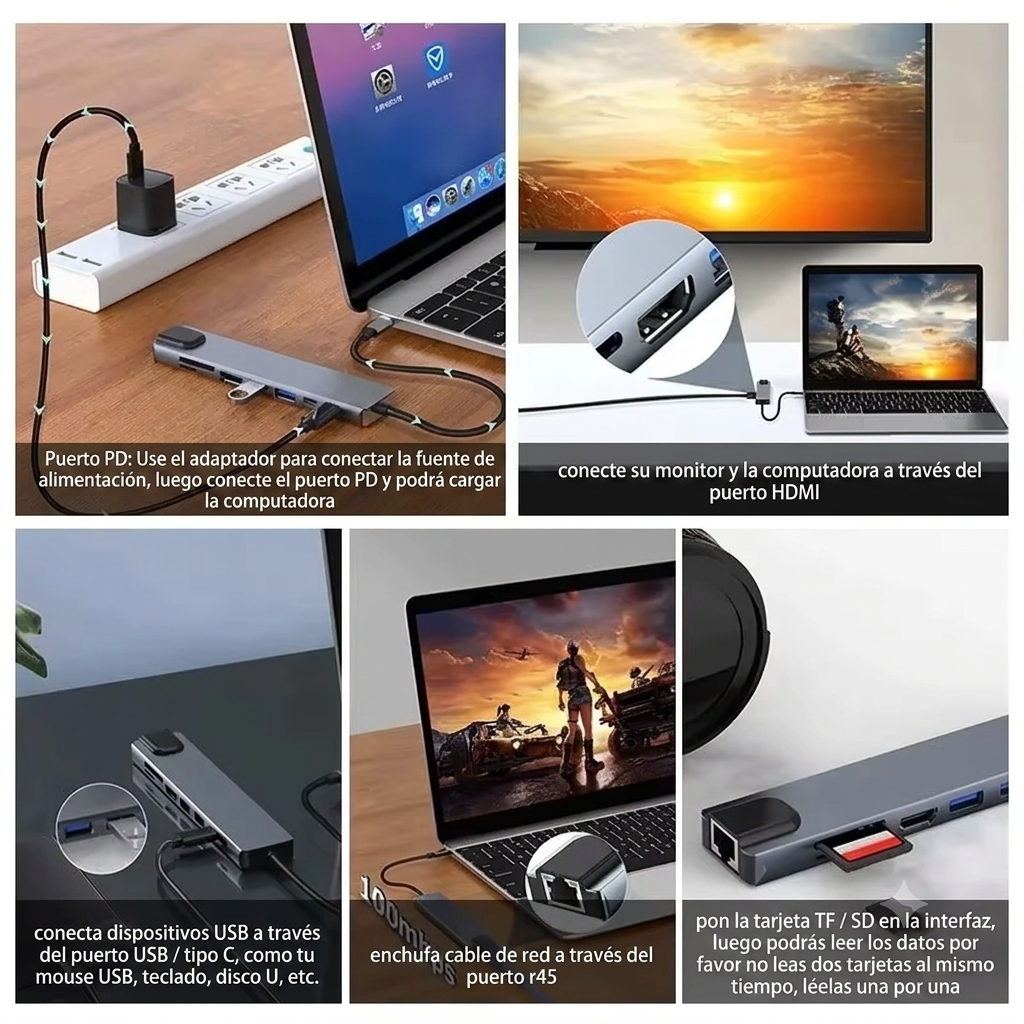 Adaptador Hub USB-C 8 en 1 para Notebook (HDMI 4K, Red, USB 3.0, Tarjetas)