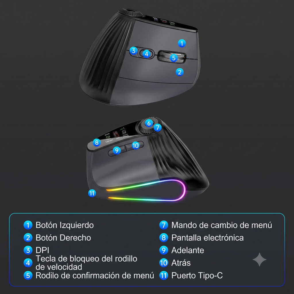 Mouse PRO Vertical Ergonométrico con Pantalla OLED y RGB