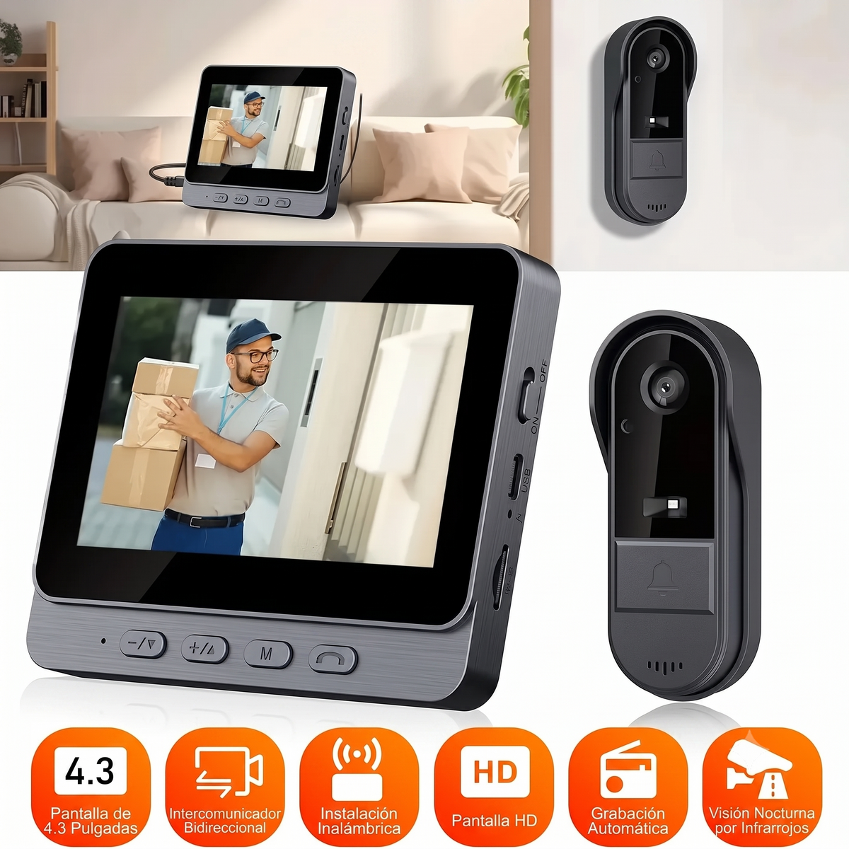 Timbre Inteligente Cámara y Pantalla (No requiere WiFi)