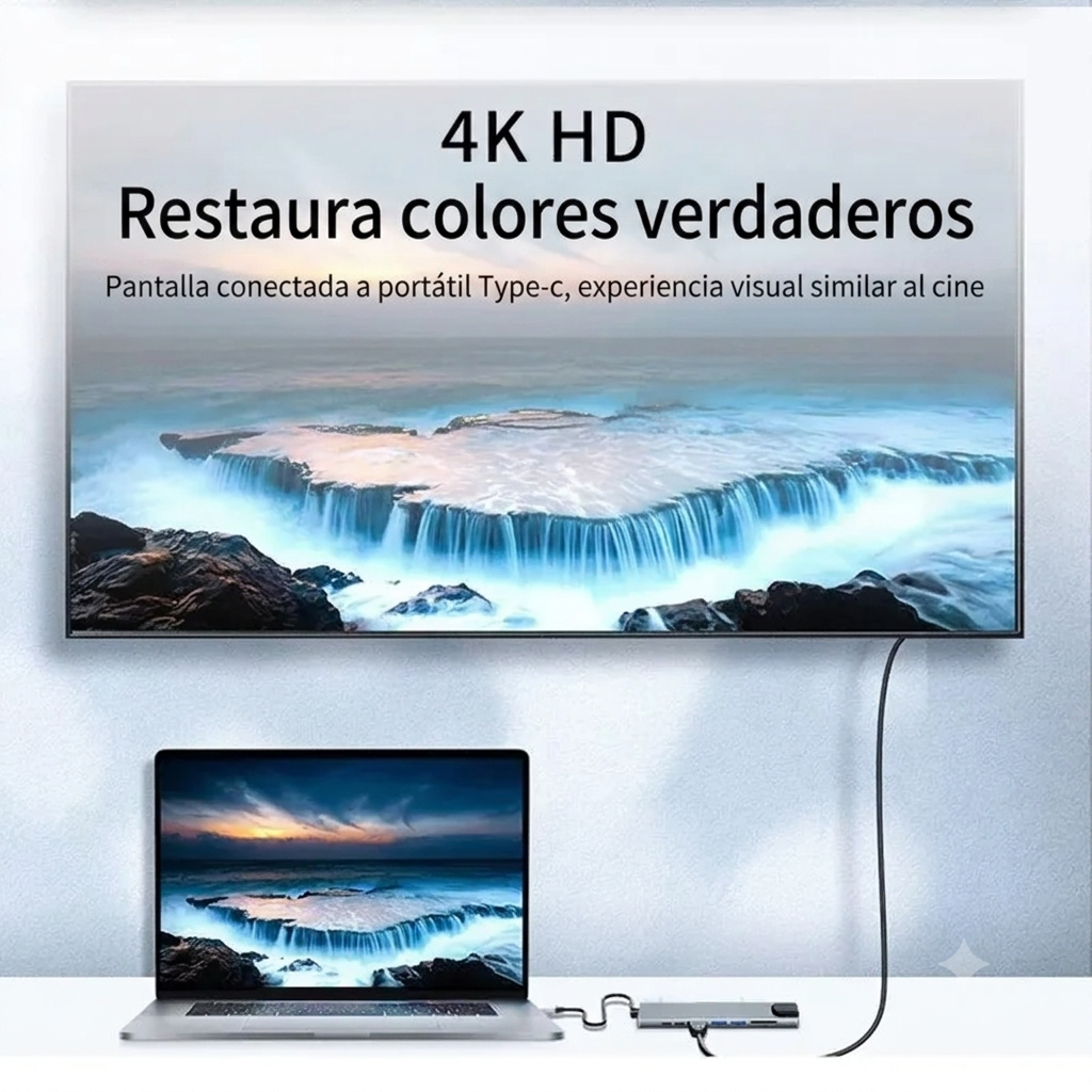 Adaptador Hub USB-C 8 en 1 para Notebook (HDMI 4K, Red, USB 3.0, Tarjetas)