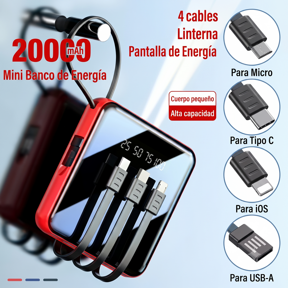 Mini Power Bank 20.000mAh MultiConectores Carga Solar / Luz Led