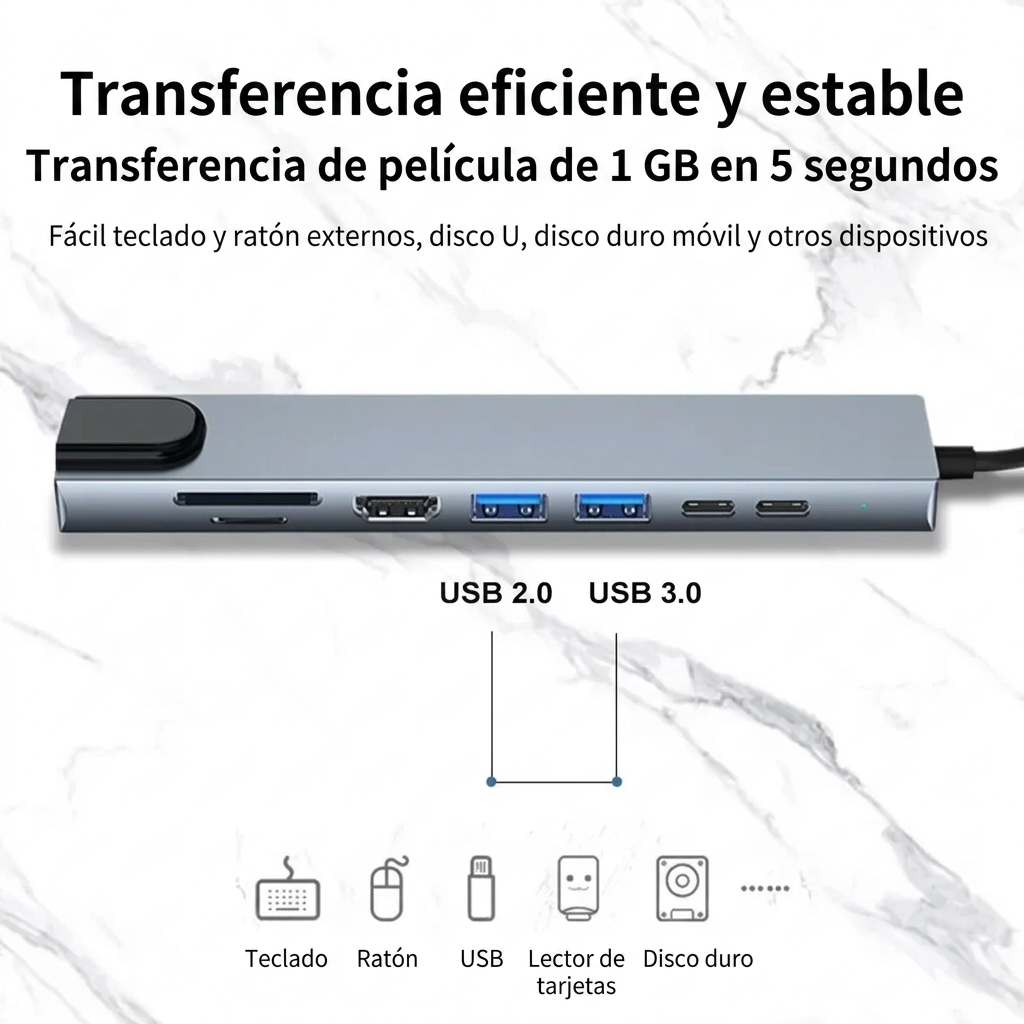 Adaptador Hub USB-C 8 en 1 para Notebook (HDMI 4K, Red, USB 3.0, Tarjetas)